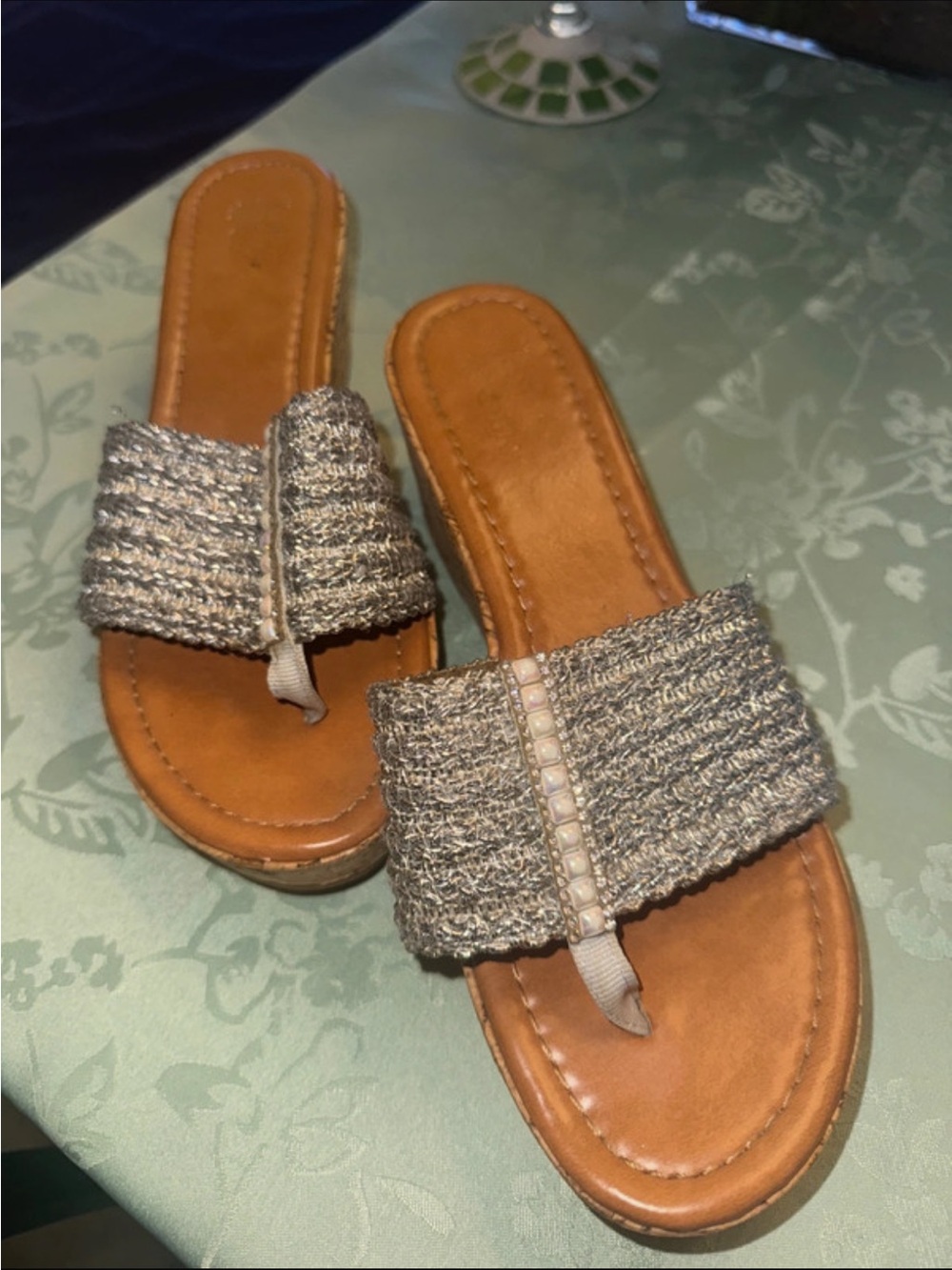 Women’s Silver Woven Toe-Post Sandals with Tan Footbed
